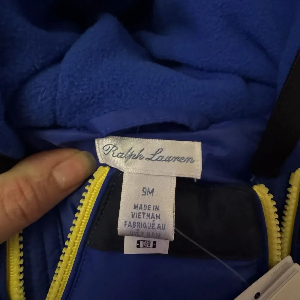 NWT Ralph Lauren Baby Snowsuit Blue, Hooded, 9 Months $195 Yellow‎ Pony